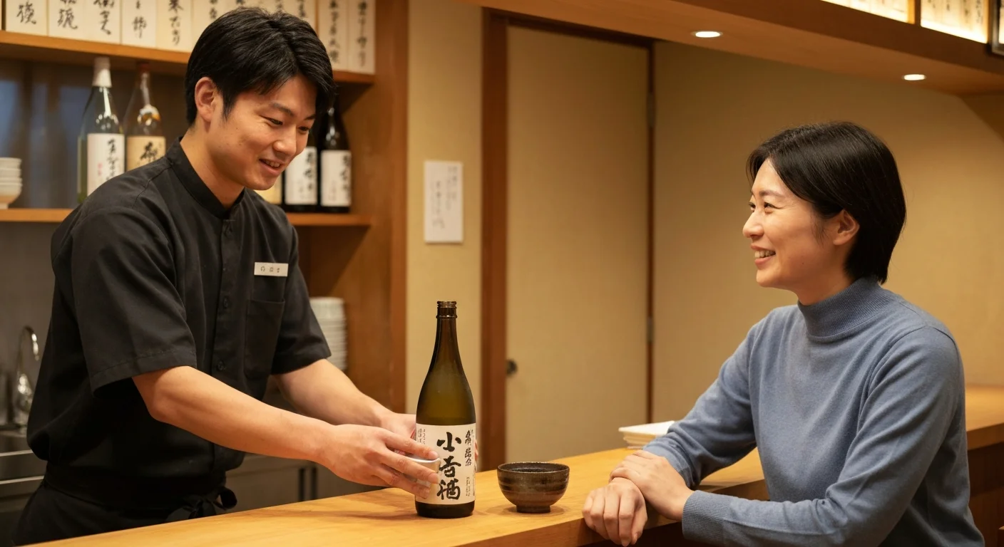 The hands of a staff member serving dishes across a wooden sushi counter