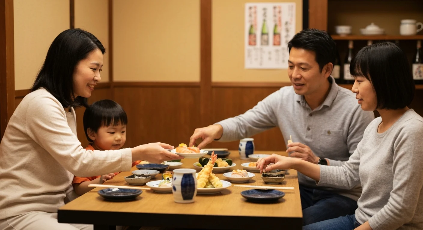 座敷席で寿司や小鉢を囲んで食事を楽しむ家族